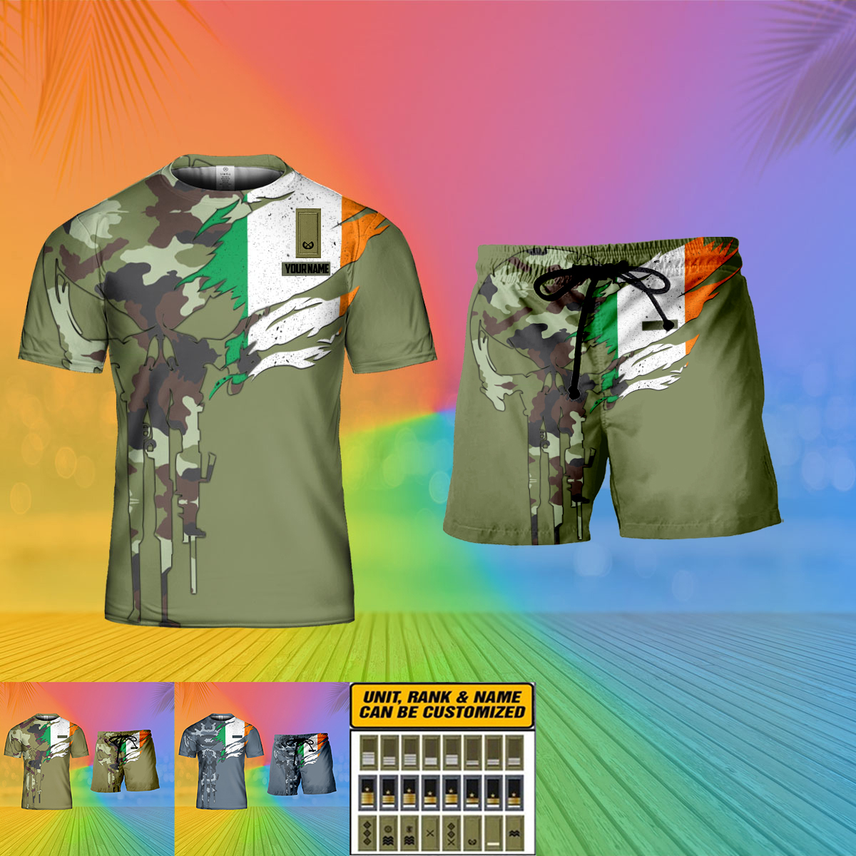 T-shirt personnalisé avec camouflage soldat/vétéran irlandais avec nom et grade + short imprimé en 3D