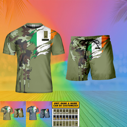 Personalisierter irischer Soldat/Veteran, Camouflage mit Namen und Rang, Kombi-T-Shirt + Short, 3D-Druck