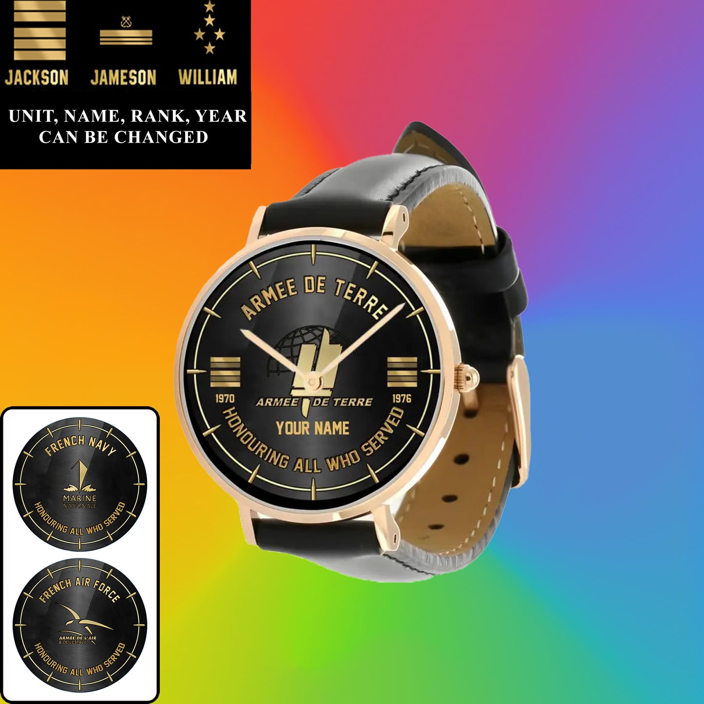 Montre Personnalisée Soldat/Vétéran France Avec Nom, Grade et Année Cuir Noir Surpiqué - 26042401QA - Version Or