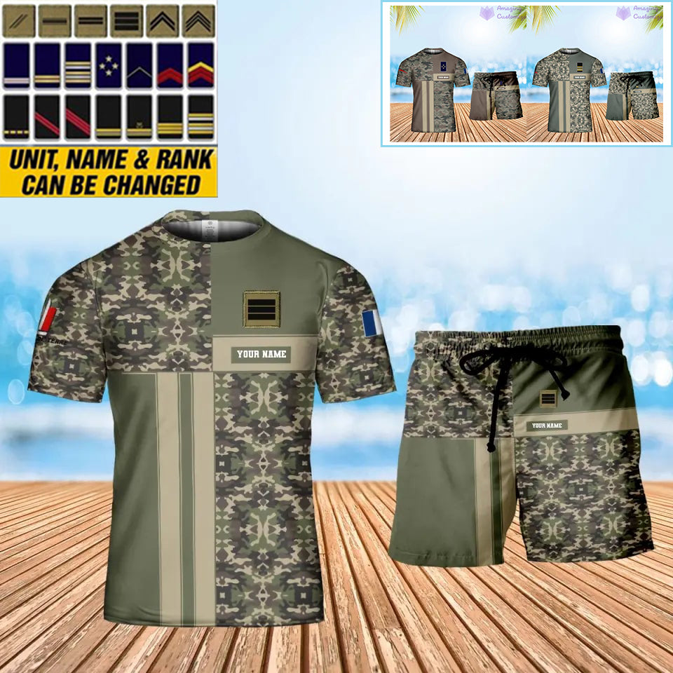 T-shirt personnalisé avec camouflage soldat/vétéran de la France avec nom et grade combinés + short imprimés en 3D - 07042401QA