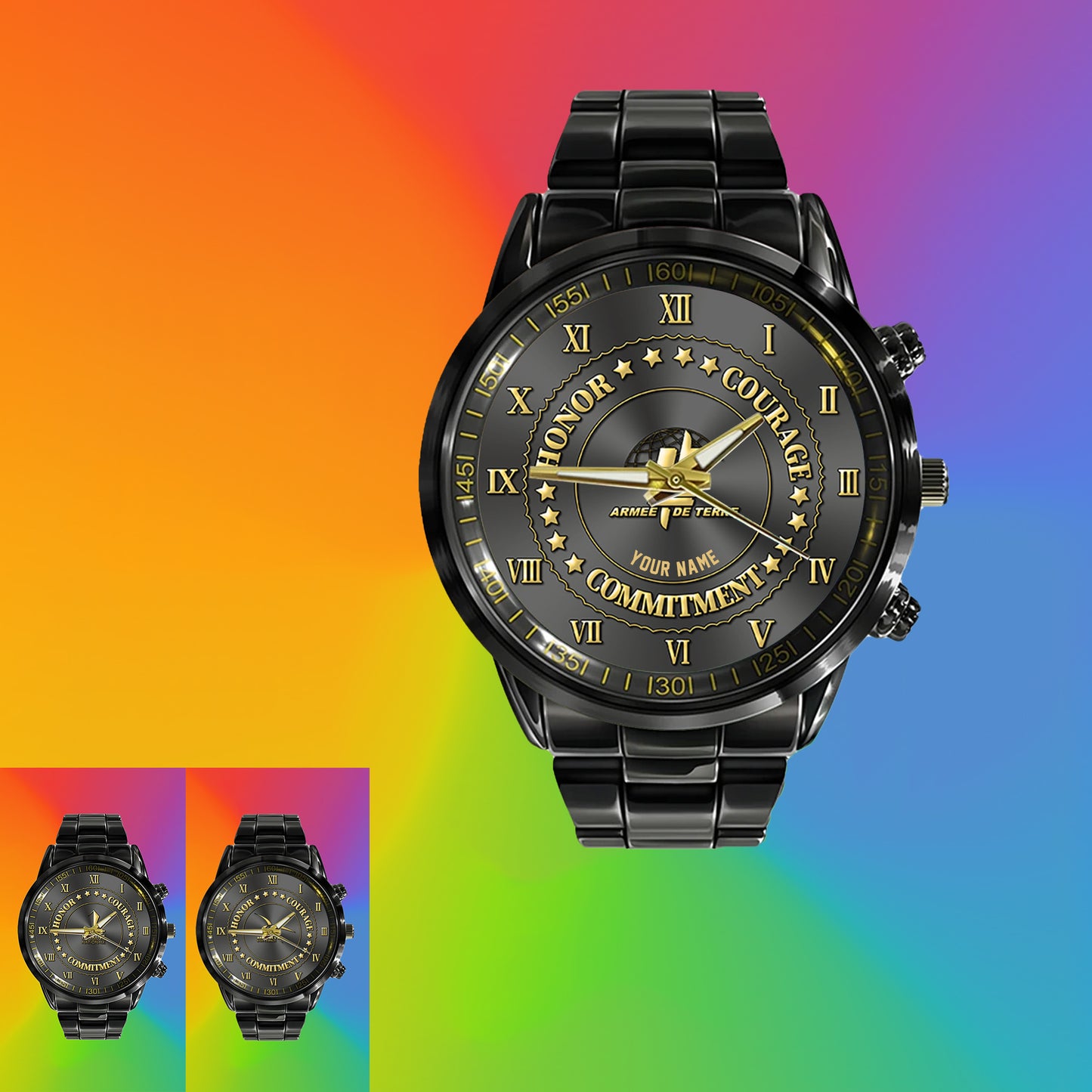 Personalized France Soldier/ Veteran With Name Black Stainless Steel Watch - 2203240001 - Gold Version