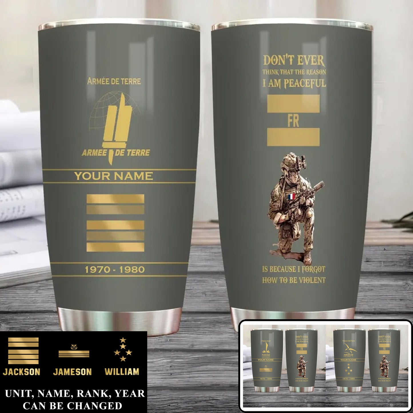 Personalisierter Becher mit Aufschrift "Veteran/Soldat aus Frankreich" mit Rang, Jahr und Namen – 11062401QA