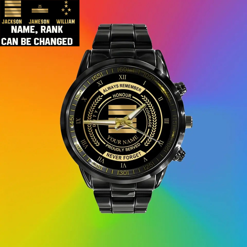 Personalized France Soldier/ Veteran With Name And Rank Black Stainless Steel Watch - 0603240002 - Gold Version