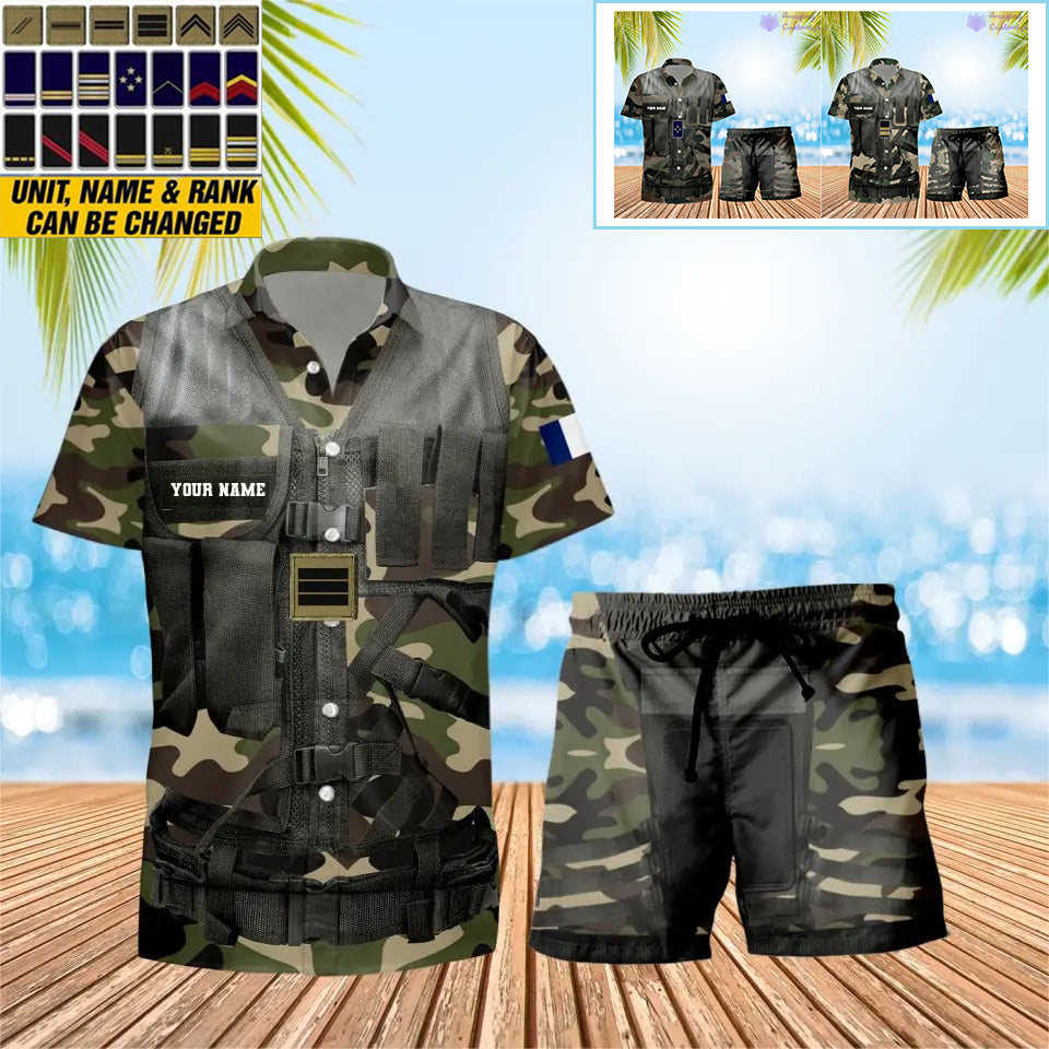 T-shirt Hawaï personnalisé avec camouflage soldat/vétéran de la France et combo de grades + short imprimés en 3D - 22042401QA