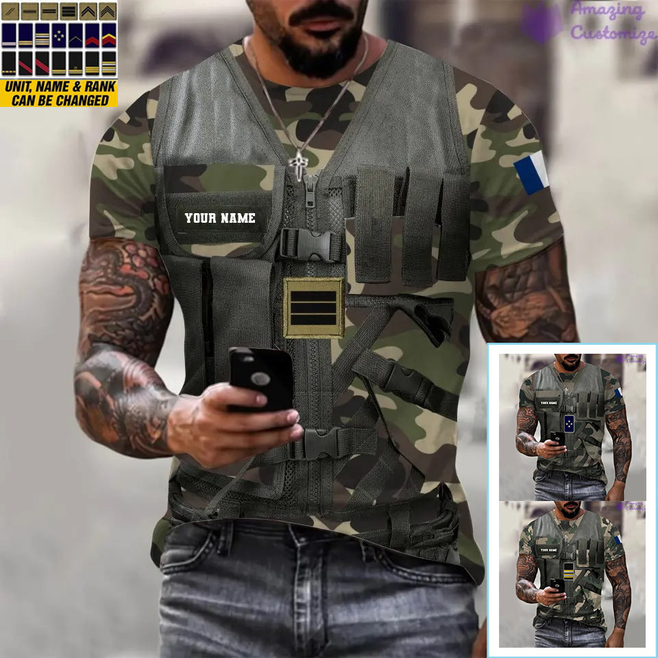 T-shirt personnalisé avec camouflage soldat/vétéran de la France avec nom et grade imprimé en 3D - 22042401QA