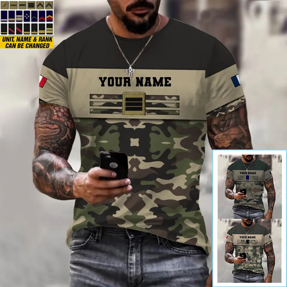 Personalisiertes T-Shirt mit französischem Soldaten/Veteranen-Tarnmuster mit Namen und Rang, 3D-Druck – 1112230001QA