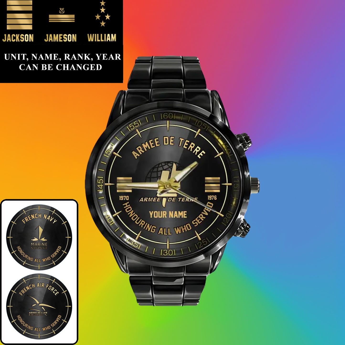 Montre Personnalisée Soldat/Vétéran France Avec Nom, Grade et Année En Acier Inoxydable Noir - 26042401QA - Version Or