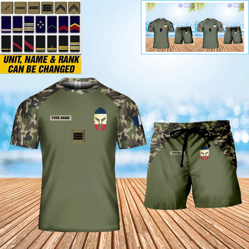 T-shirt personnalisé avec camouflage soldat/vétéran de la France avec nom et grade combinés + short imprimés en 3D - 0310230005QA