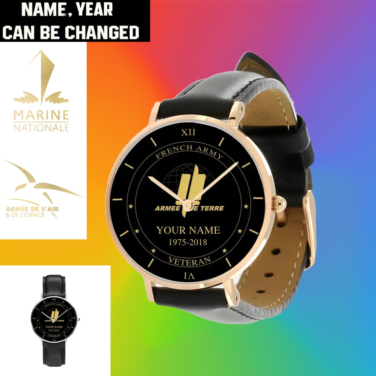 Personalized France Soldier/ Veteran With Name And Year Black Stitched Leather Watch - 1603240001 - Gold Version