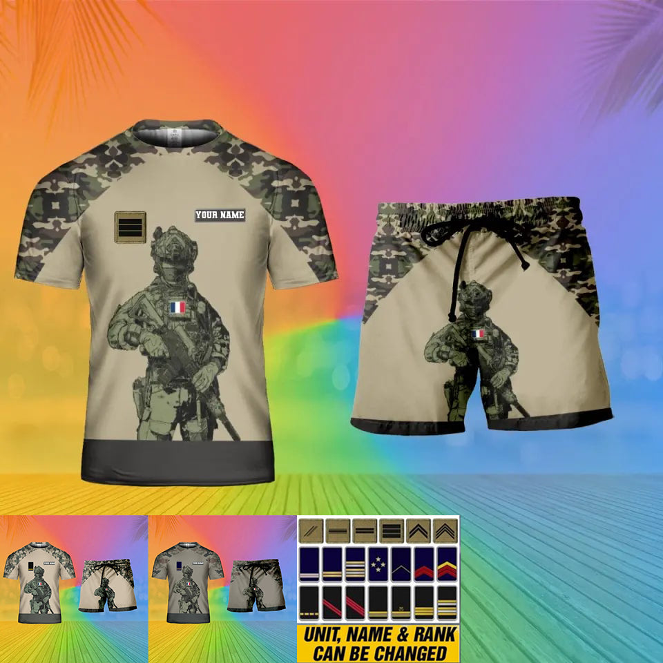 T-shirt personnalisé avec camouflage soldat/vétéran de la France avec nom et grade combinés + short imprimés en 3D - 15Mar2401