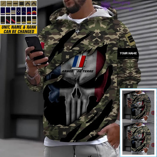 Personalisierter Kapuzenpullover mit Camouflage-Muster für französische Soldaten/Veteranen mit Namen und Rang, 3D-Druck – 1712534401