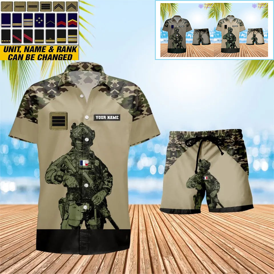 T-shirt Hawaïen personnalisé avec camouflage soldat/vétéran de la France et combo de grades + short imprimés en 3D - 0512230001QA