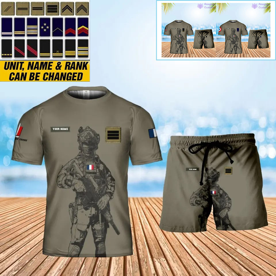 T-shirt personnalisé avec camouflage soldat/vétéran de la France avec nom et grade combinés + short imprimés en 3D - 17042401QA