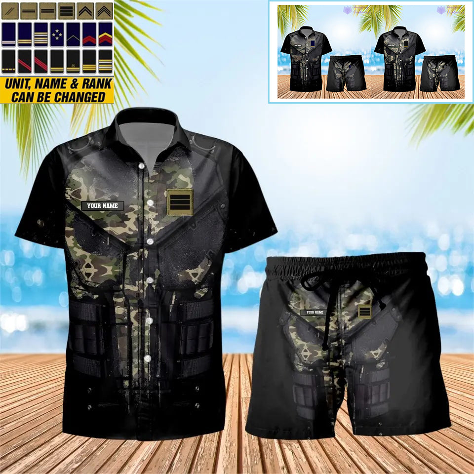 Personalisiertes französisches Soldaten-/Veteranen-Tarnmuster mit Rangkombination, Hawaiihemd + Shorts, 3D-Druck – 0112230001QA