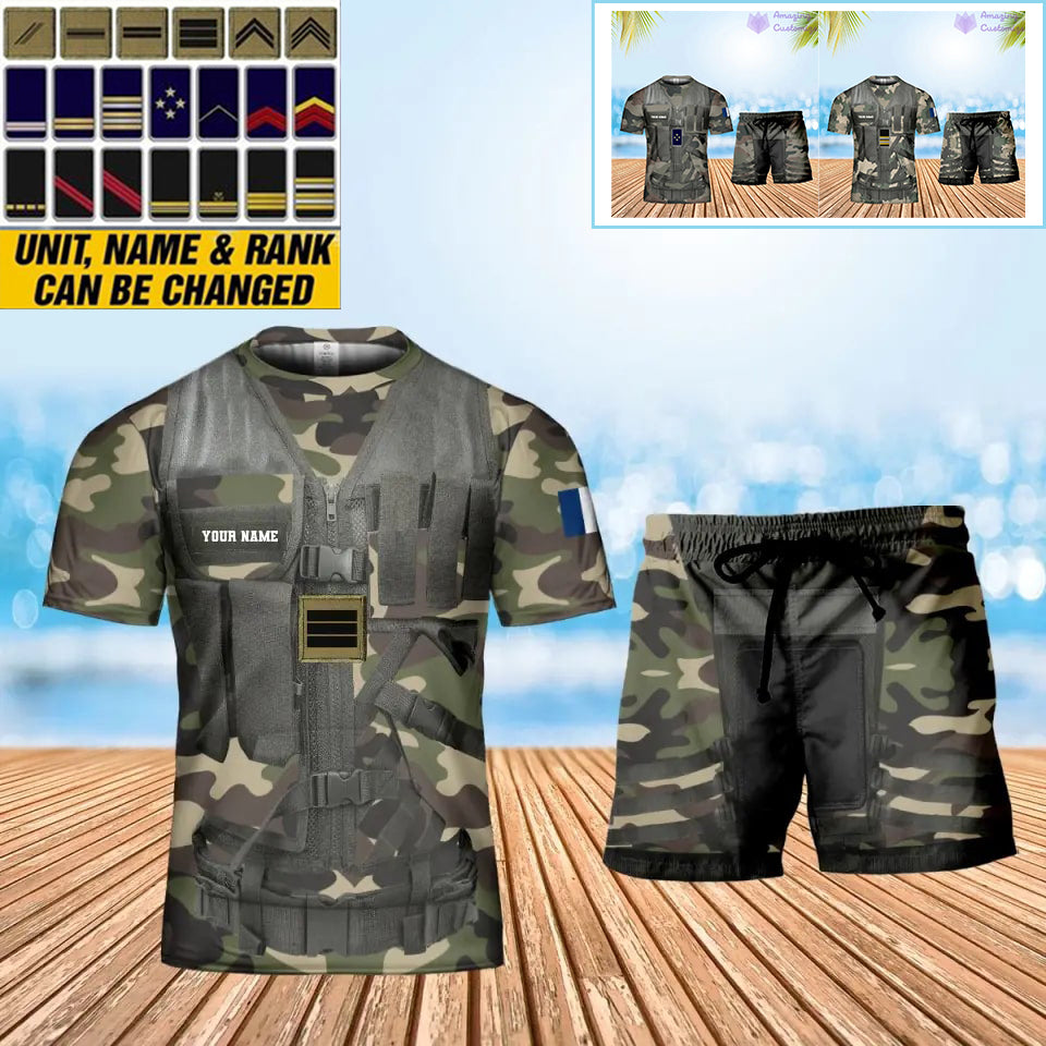 T-shirt personnalisé avec camouflage soldat/vétéran de la France avec nom et grade combinés + short imprimés en 3D - 22042401QA