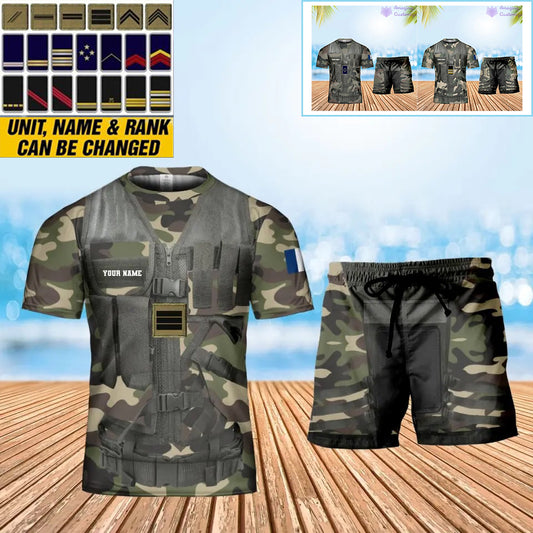 Personalisiertes französisches Soldaten-/Veteranen-Tarnmuster mit Namen und Rang, Kombi-T-Shirt + Shorts, 3D-Druck – 22042401QA