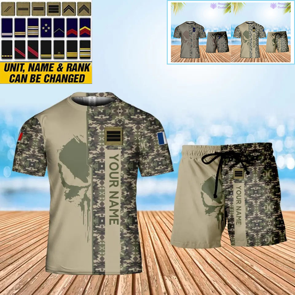 T-shirt personnalisé avec camouflage soldat/vétéran de la France avec nom et grade combinés + short imprimés en 3D - 10052401QA