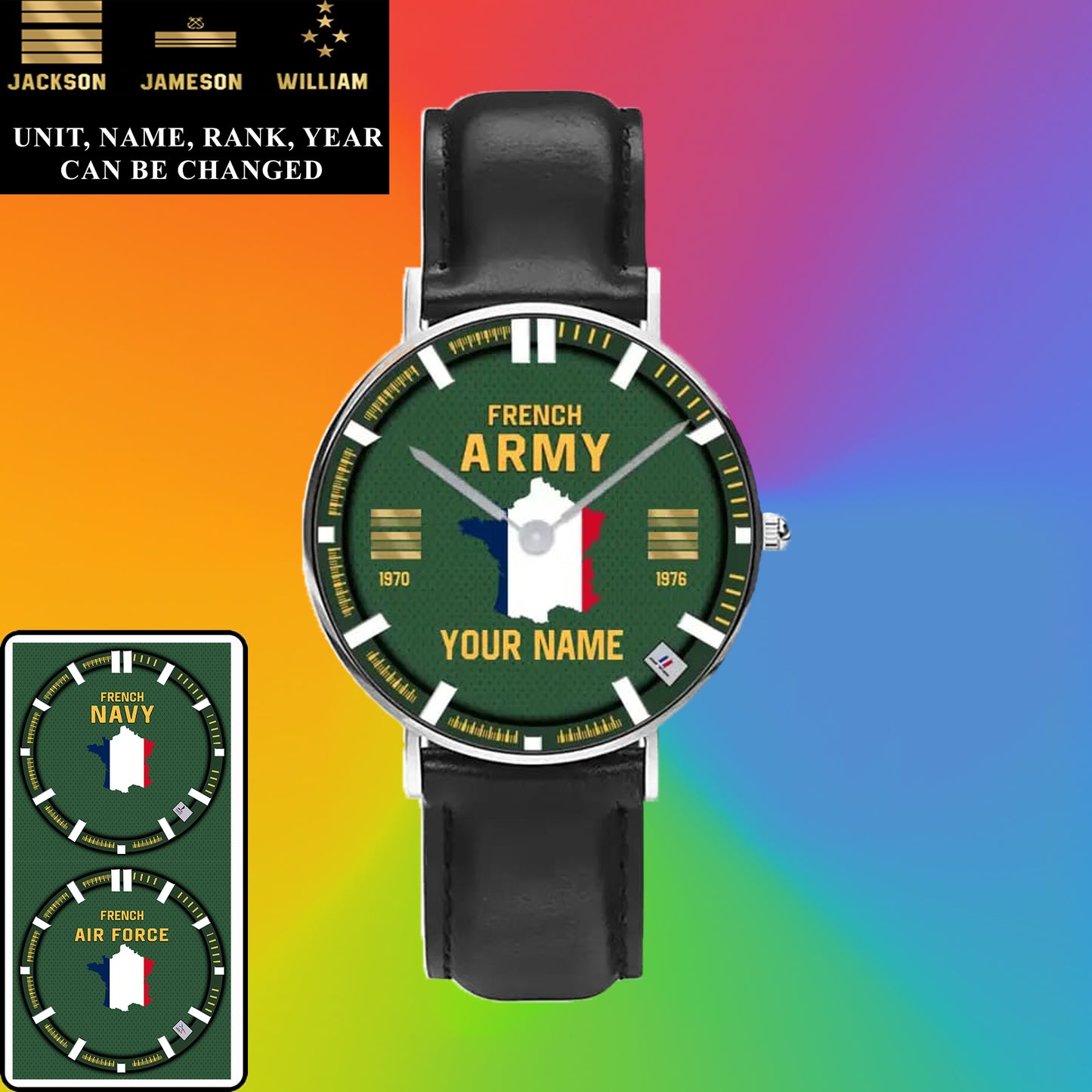 Personalized France Soldier/ Veteran With Name, Rank and Year Black Stitched Leather Watch - 17062402QA - Gold Version