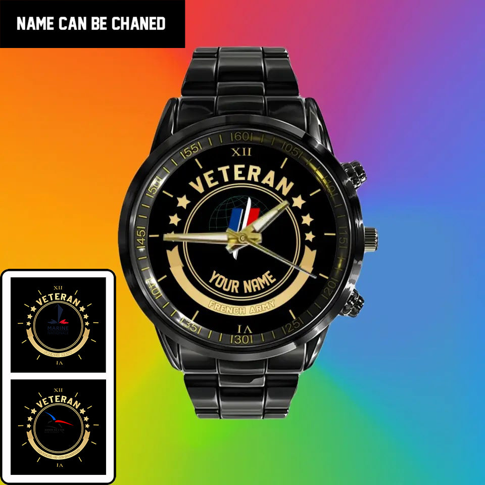 Personalized France Soldier/ Veteran With Name Black Stainless Steel Watch - 1103240001 - Gold Version