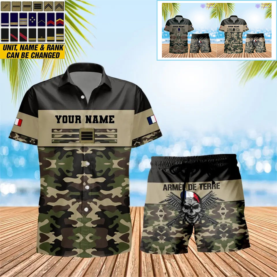 Personalisiertes französisches Soldaten-/Veteranen-Tarnmuster mit Rangkombination, Hawaiihemd + Shorts, 3D-Druck – 1112230001QA