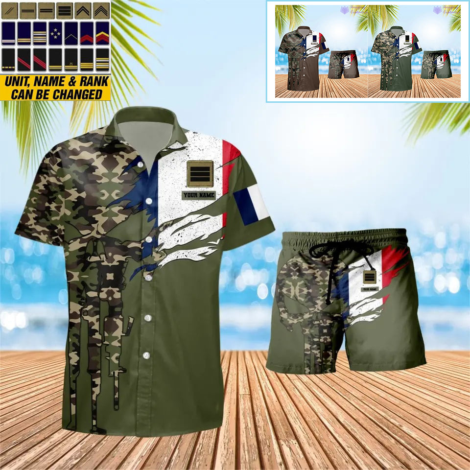 Personalisiertes französisches Soldaten-/Veteranen-Tarnmuster mit Rangkombination, Hawaiihemd + Shorts, 3D-Druck – 0311230001QA