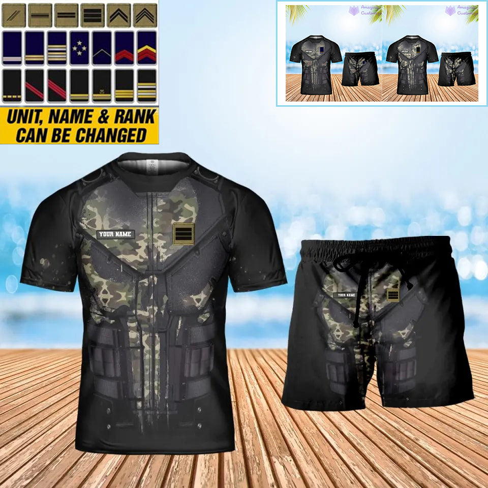 Personalisiertes französisches Soldaten-/Veteranen-Tarnmuster mit Namen und Rang, Kombi-T-Shirt + Shorts, 3D-Druck – 0112230001QA