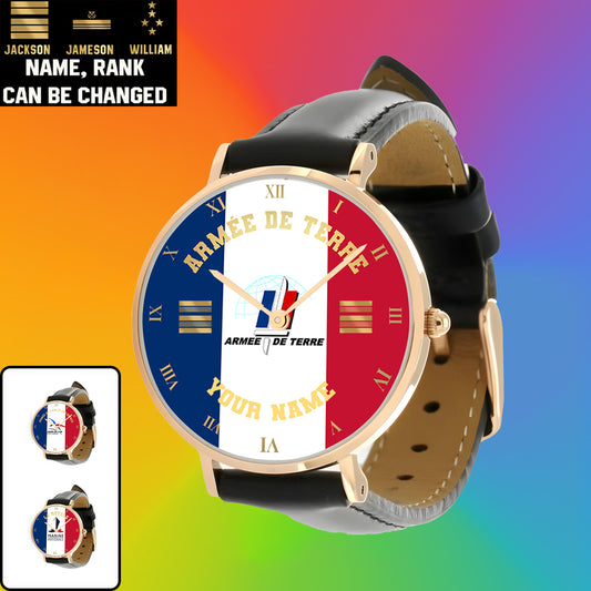 Personalized France Soldier/ Veteran With Name And Rank Black Stitched Leather Watch - 0803240001 - Gold Version