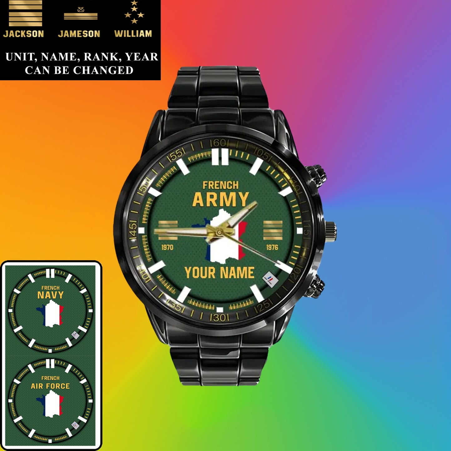 Montre Personnalisée Soldat/Vétéran France Avec Nom, Grade et Année En Acier Inoxydable Noir - 17062402QA - Version Or