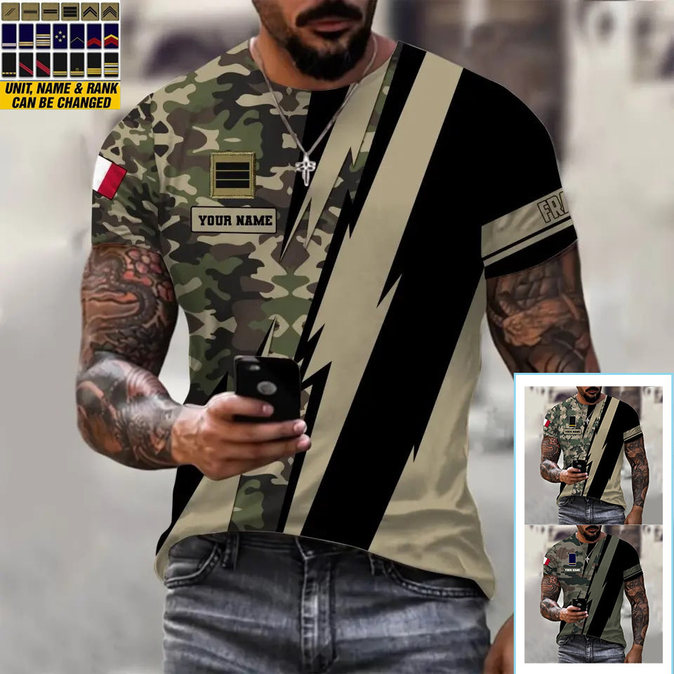 T-shirt personnalisé avec camouflage soldat/vétéran de la France avec nom et grade imprimé en 3D - 0503240001QA