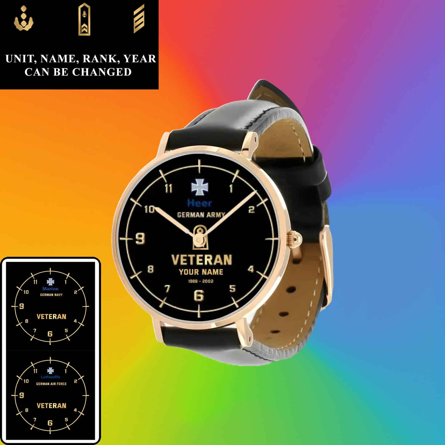 Montre personnalisée en cuir noir avec coutures noires pour soldat/vétéran allemand avec nom, grade et année - 03052402QA - Version dorée