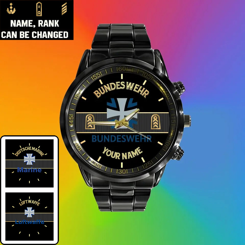 Personalisierte deutsche Soldat/Veteran mit Namen und Rang schwarze Edelstahluhr - 0703240001 - Goldversion