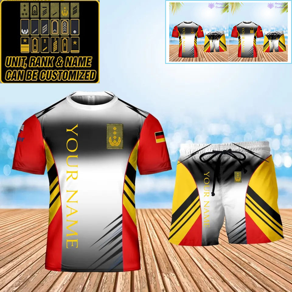 Personalisiertes deutsches Soldaten-/Veteranen-Tarnmuster mit Namen und Rang, Kombi-T-Shirt + Shorts, 3D-Druck – 16052401QA