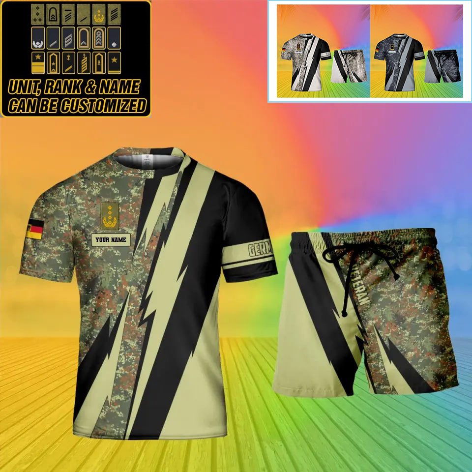 Personalisiertes deutsches Soldaten-/Veteranen-Tarnmuster mit Namen und Rang, Kombi-T-Shirt + Shorts, 3D-Druck – 0503240001QA