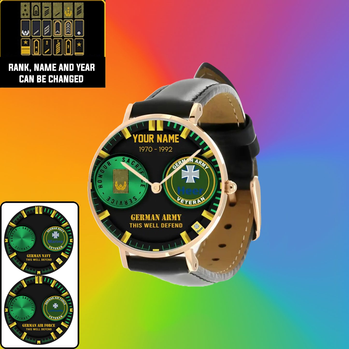 Personalized Germany Soldier/ Veteran With Name, Rank and Year Black Stitched Leather Watch - 18062402QA - Gold Version