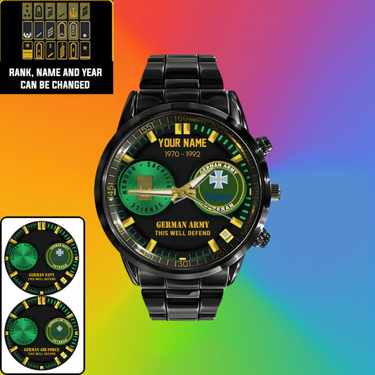 Personalized Germany Soldier/ Veteran With Name, Rank and Year Black Stainless Steel Watch - 18062402QA - Gold Version