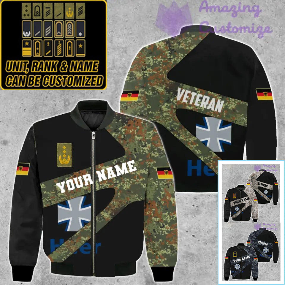 Personalisierte Bomberjacke mit Camouflage-Muster für deutsche Soldaten/Veteranen mit Namen und Rang, 3D-Druck – 300124QA