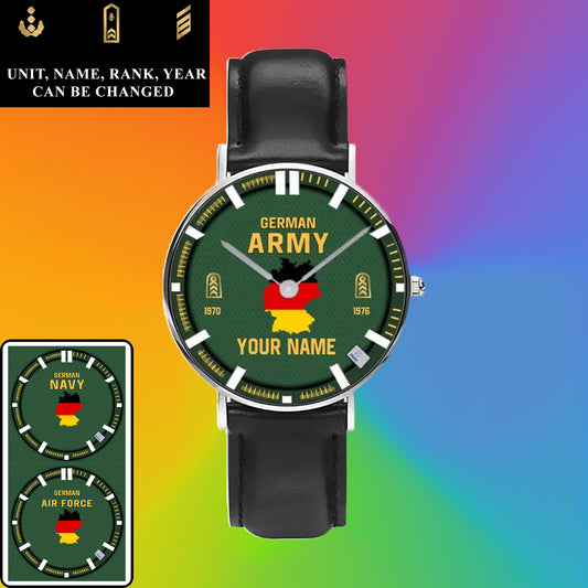 Personalized Germany Soldier/ Veteran With Name, Rank and Year Black Stitched Leather Watch - 17062402QA - Gold Version