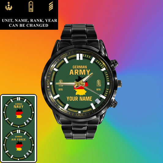 Personalized Germany Soldier/ Veteran With Name, Rank and Year Black Stainless Steel Watch - 17062402QA - Gold Version