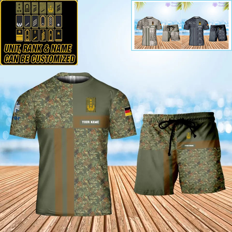 Personalisiertes deutsches Soldaten-/Veteranen-Tarnmuster mit Namen und Rang, Kombi-T-Shirt + Shorts, 3D-Druck – 07042401QA