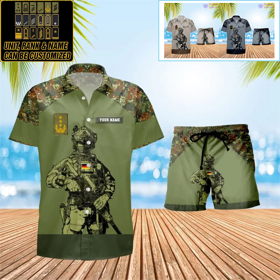 Personalisiertes deutsches Soldaten-/Veteranen-Tarnmuster mit Rangkombination Hawaiihemd + Shorts 3D-Druck – 0512230001QA