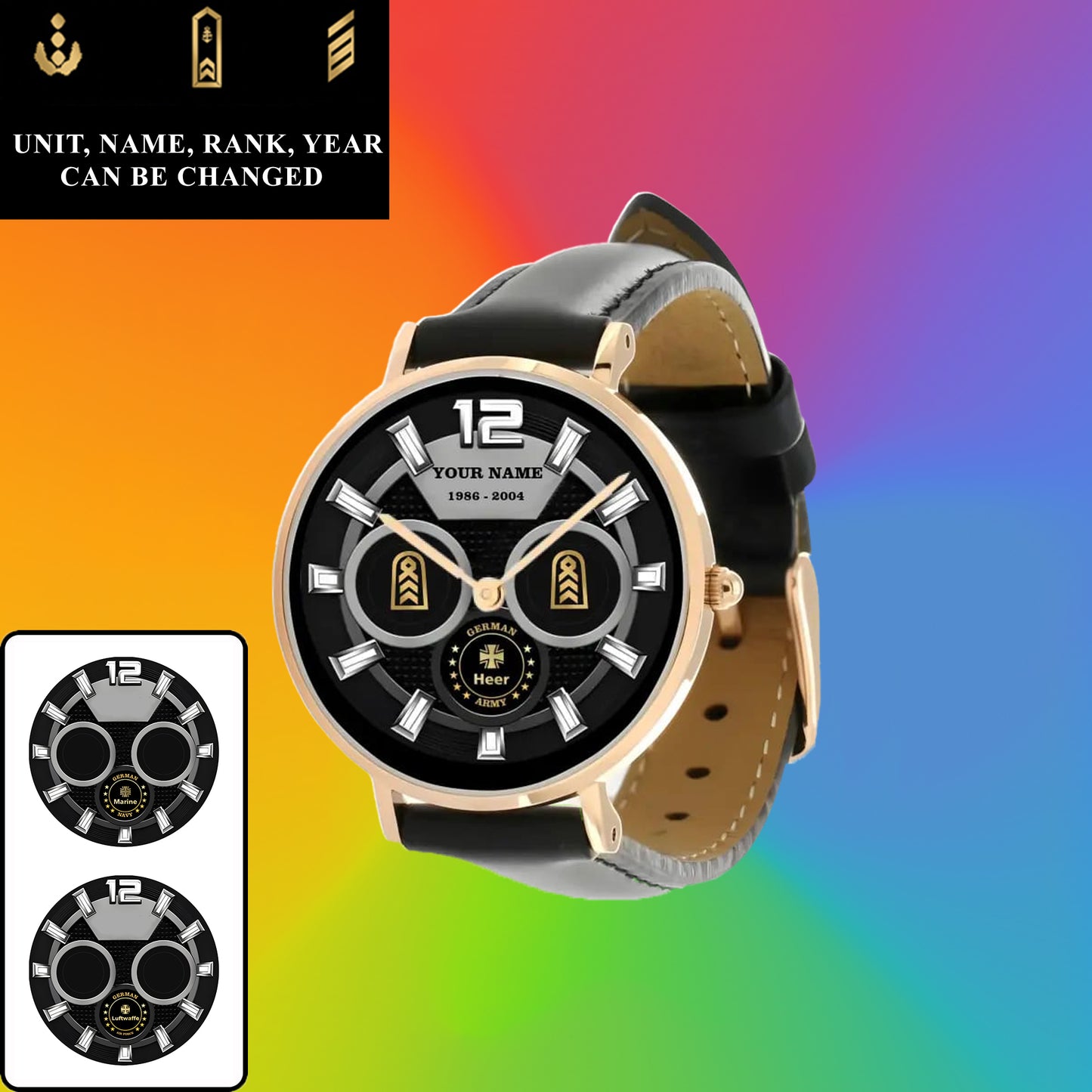 Montre personnalisée en cuir noir avec coutures noires pour soldat/vétéran allemand avec nom, grade et année - 27042401QA - Version dorée