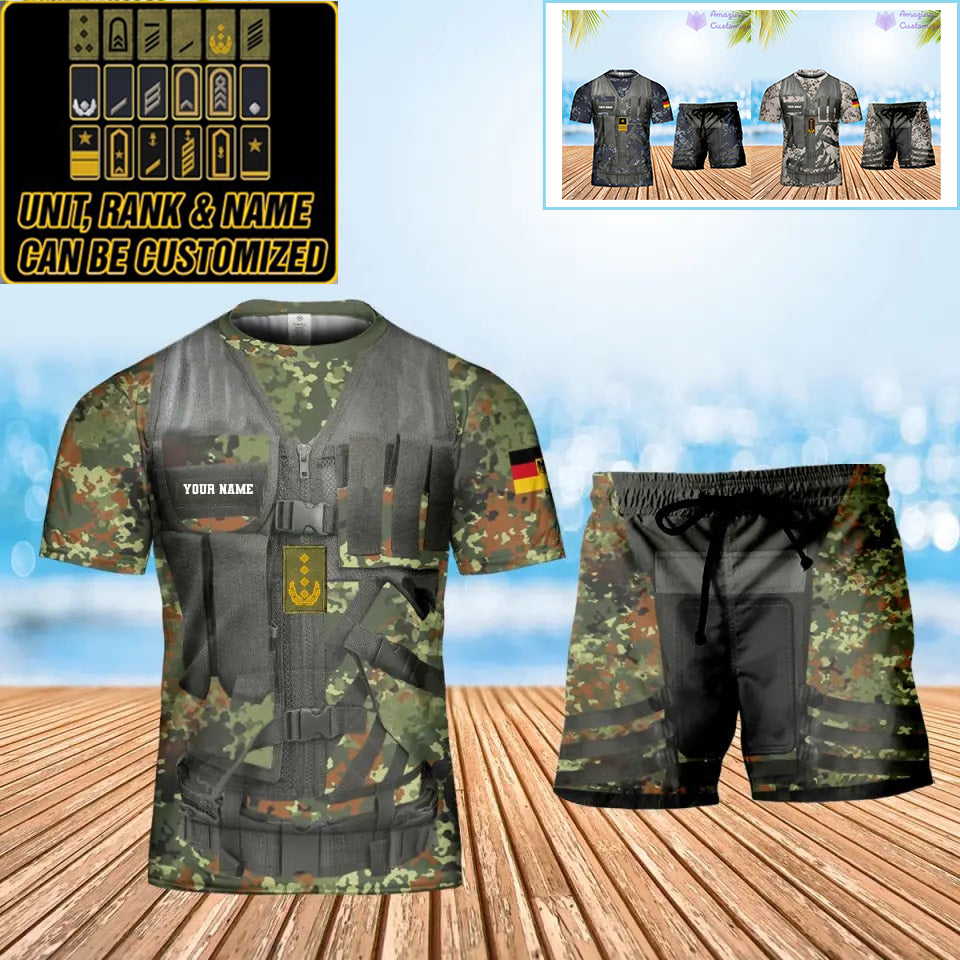 Personalisiertes deutsches Soldaten-/Veteranen-Tarnmuster mit Namen und Rang, Kombi-T-Shirt + Shorts, 3D-Druck – 22042401QA