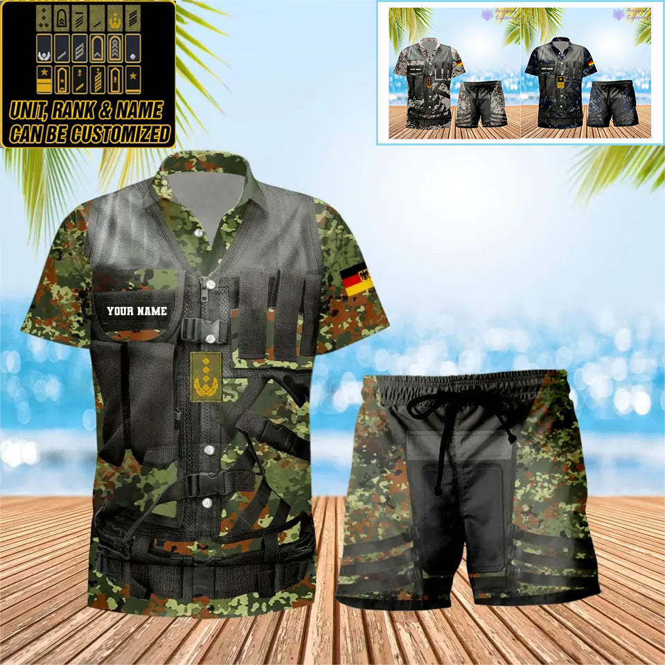 Personalisiertes deutsches Soldaten-/Veteranen-Tarnmuster mit Rangkombination Hawaiihemd + Shorts 3D-Druck – 22042401QA