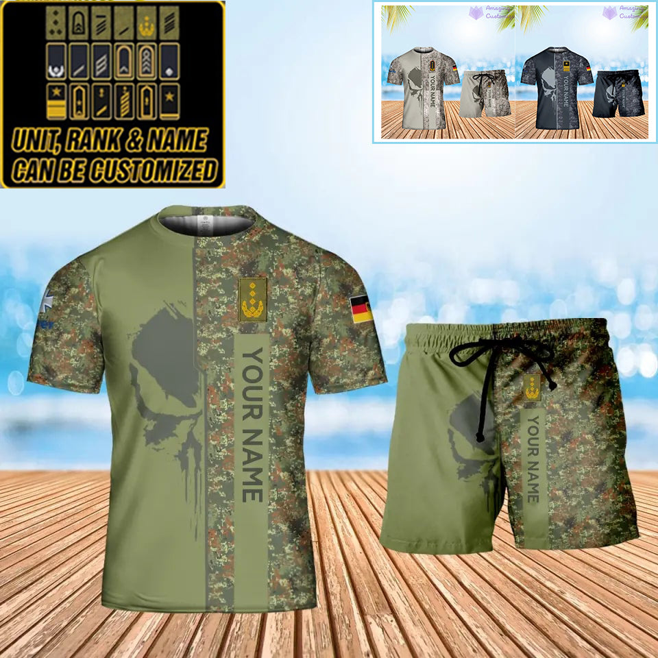 Personalisiertes deutsches Soldaten-/Veteranen-Tarnmuster mit Namen und Rang, Kombi-T-Shirt + Shorts, 3D-Druck – 10052401QA