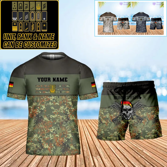 Personalisiertes deutsches Soldaten-/Veteranen-Tarnmuster mit Namen und Rang, Kombi-T-Shirt + Shorts, 3D-Druck – 1112230001QA