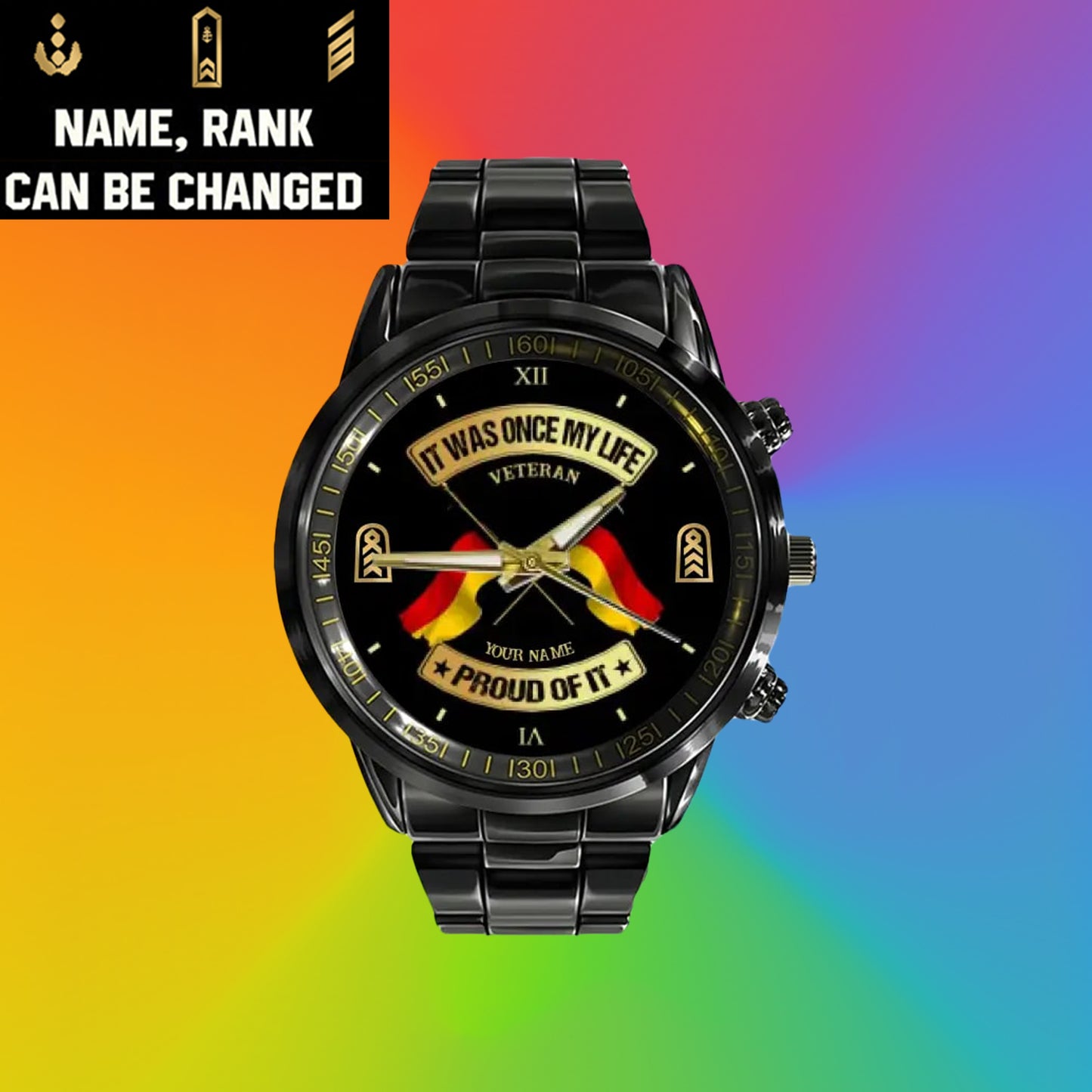 Personalisierte deutsche Soldat/Veteran mit Namen und Rang schwarze Edelstahluhr - 03052401QA - Goldversion