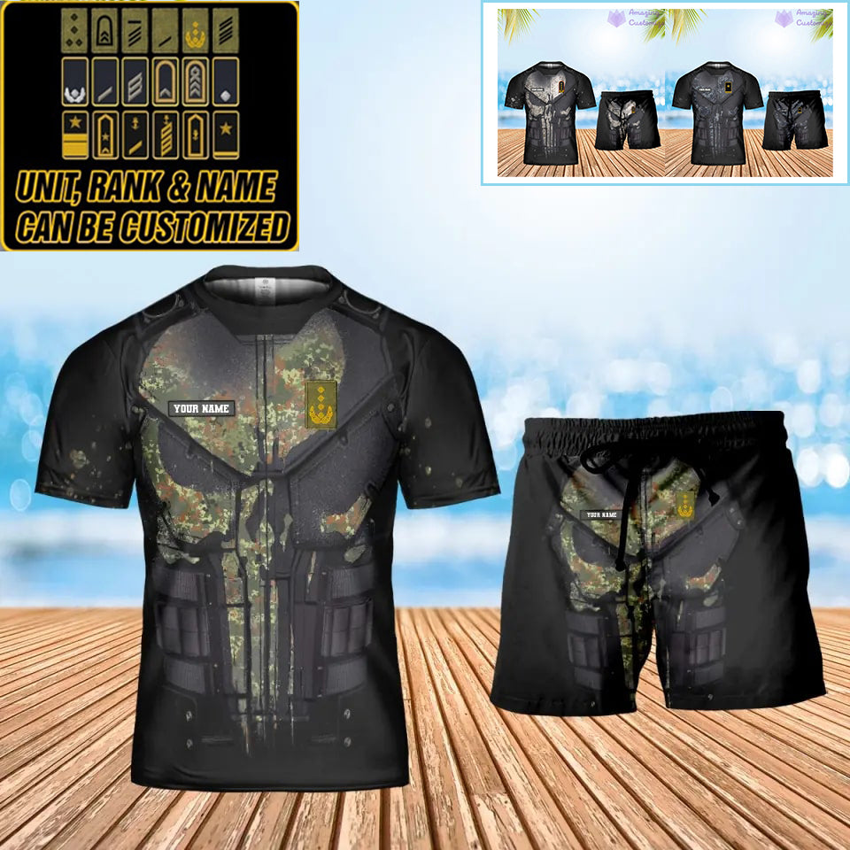 Personalisiertes deutsches Soldaten-/Veteranen-Tarnmuster mit Namen und Rang, Kombi-T-Shirt + Shorts, 3D-Druck – 0112230001QA