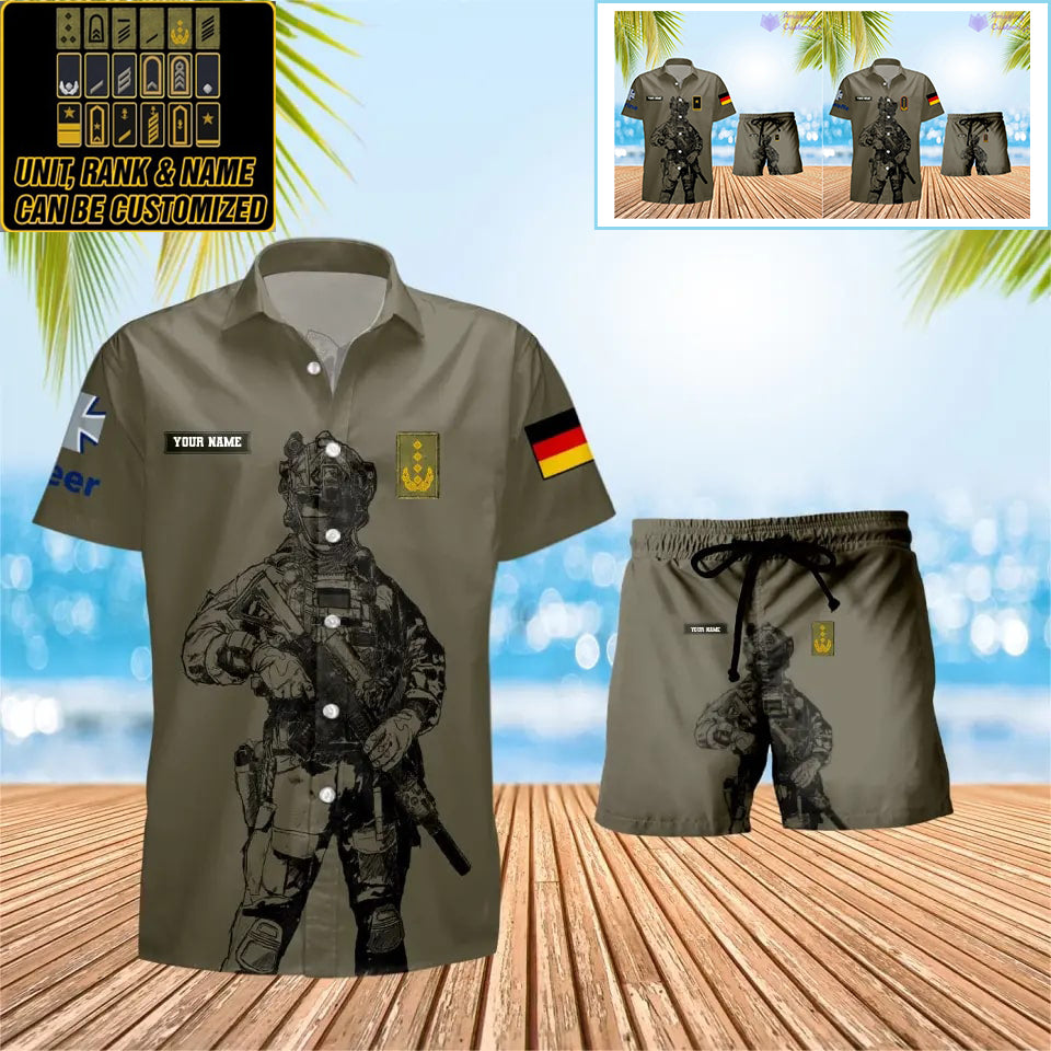 Personalisiertes deutsches Soldaten-/Veteranen-Tarnmuster mit Rangkombination Hawaiihemd + Shorts 3D-Druck – 17042401QA