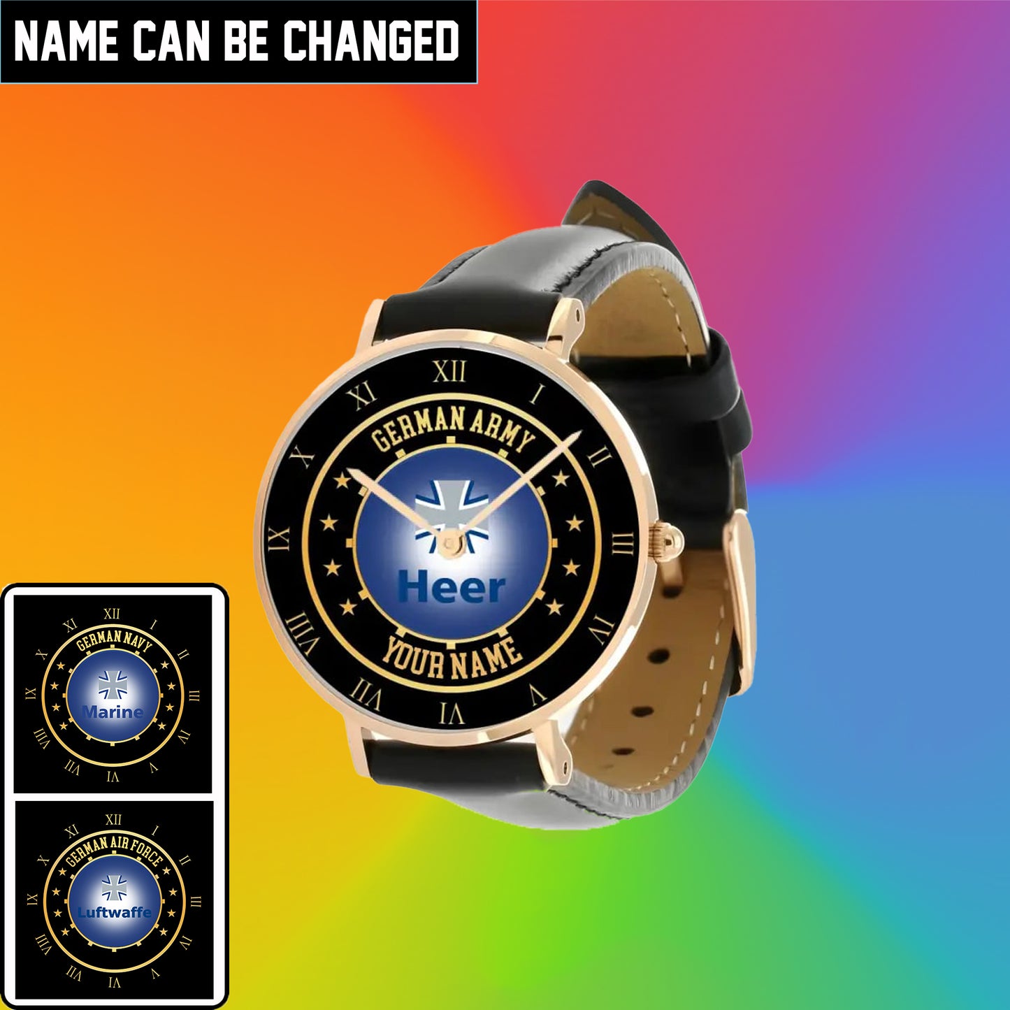 Personalisierte deutsche Soldat/Veteran mit Namen schwarze genähte Lederuhr - 05042401 QA - Goldversion