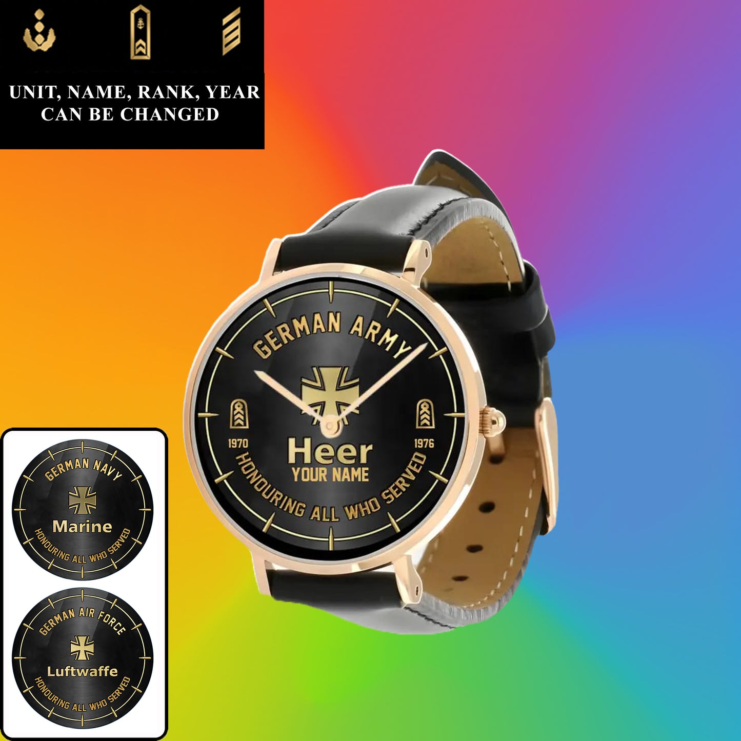 Montre personnalisée en cuir noir avec coutures noires pour soldat/vétéran allemand avec nom, grade et année - 26042401QA - Version dorée